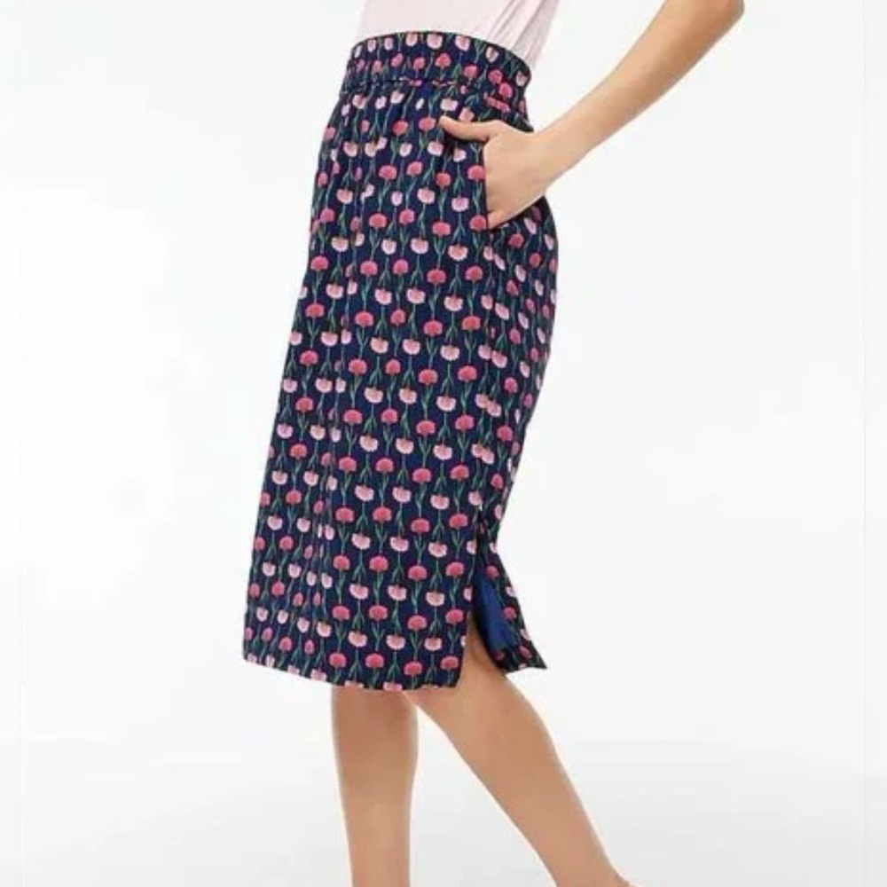J Crew Navy & Pink Floral Pull On Lined Pencil Skirt With Pockets Ladies Small